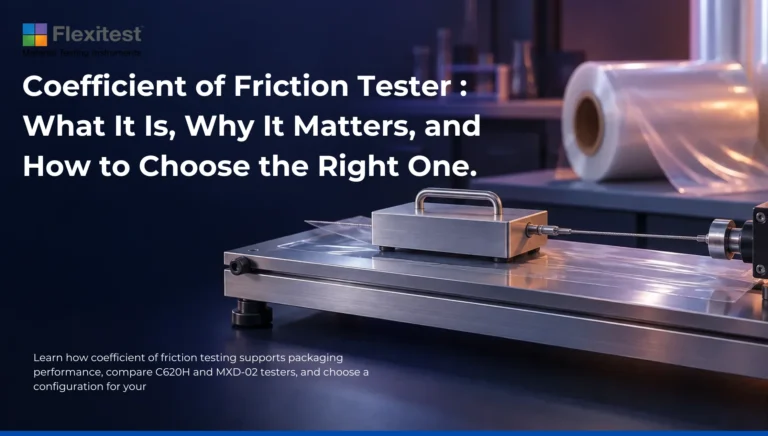 Coefficient of Friction Tester: What It is, Why It Matters, and How to Choose the Right One — weighted sled pulled across plastic packaging film on a friction tester bed