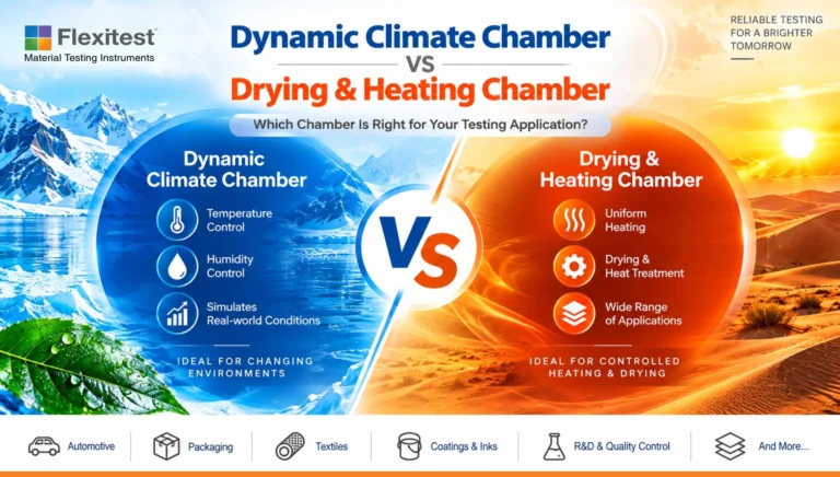 Dynamic Climate Chamber vs Drying & Heating Chamber — comparison of temperature and humidity control against uniform heating and drying, with application icons for automotive, packaging, textiles, coatings and R&D