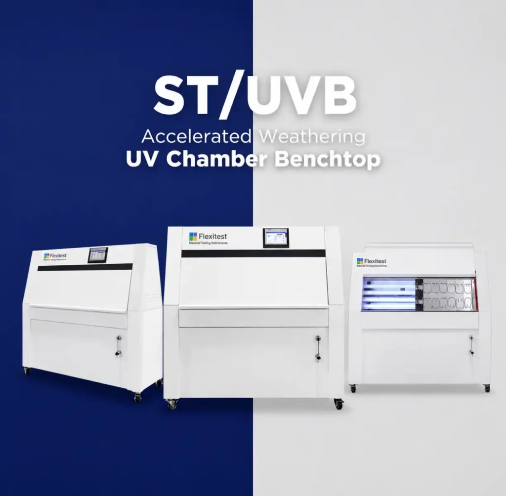 ST/UVB/UVA Accelerated Weathering UV Chamber by Flexitest, showing three views of the testing equipment