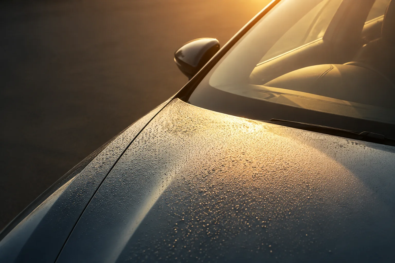 Rain droplets on automotive paint beside the windscreen and interior