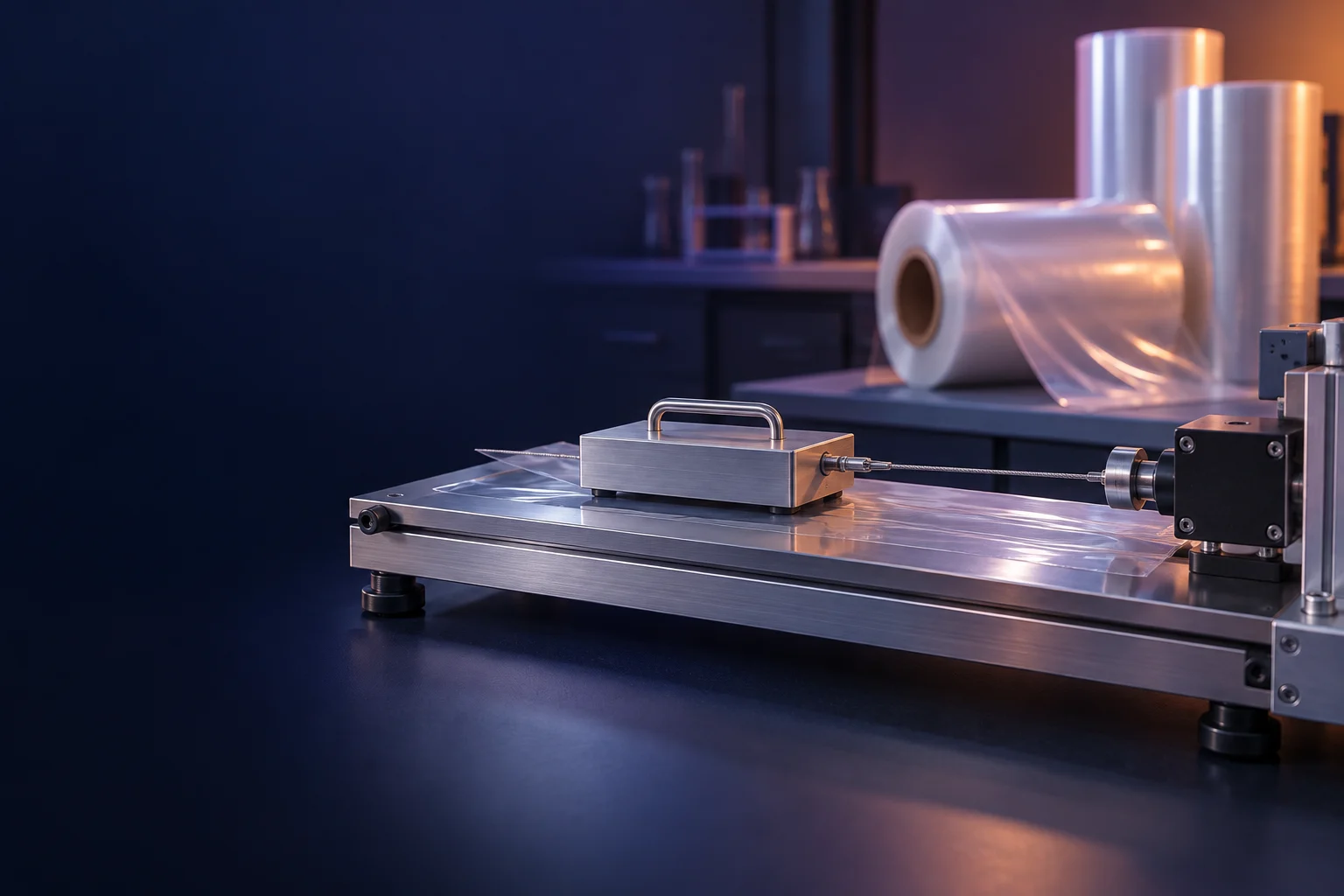 Conceptual illustration of a coefficient of friction tester with a weighted sled on plastic packaging film