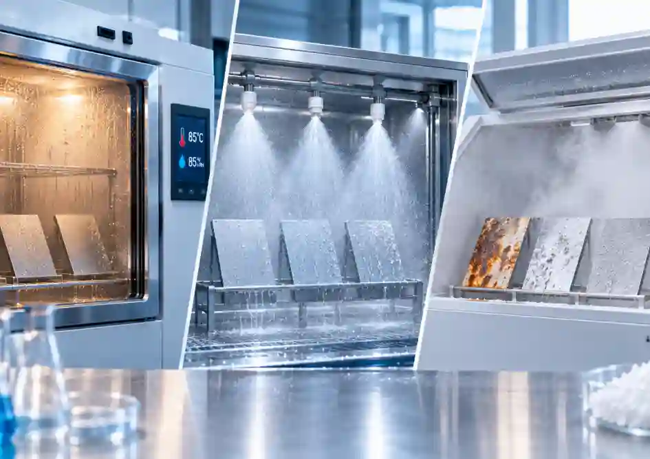 Salt spray testing chambers conducting temperature, humidity, water spray, and corrosion tests on Metals, ALU, Plastic Composites samples - Flexitest
