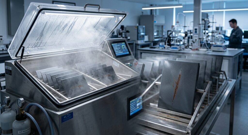 Salt spray chamber with coated metal panels under corrosive salt fog in a testing laboratory